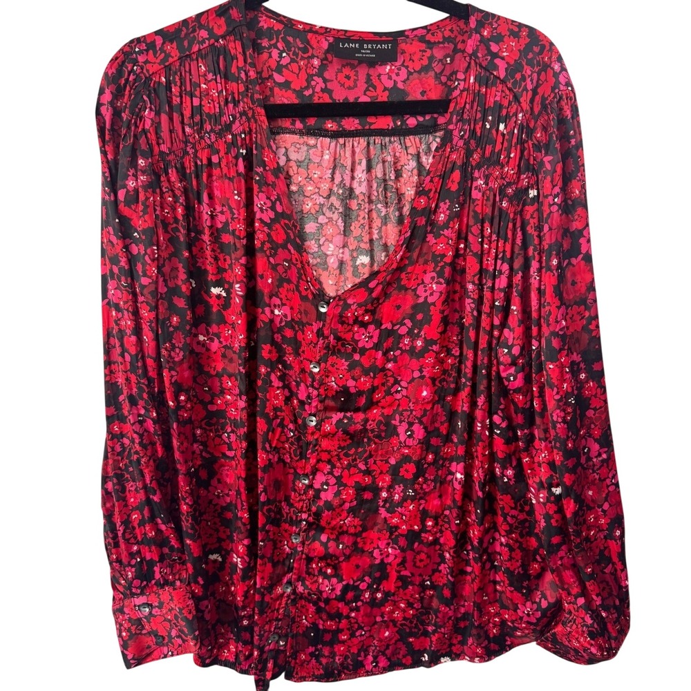 Lane Bryant Blouse‎ Floral Pintuck 18/20 Red Pink Women Plus Size Button Front